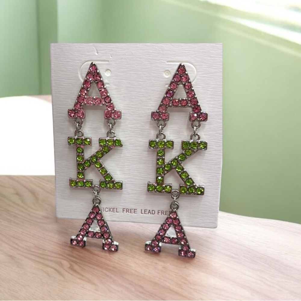 AKA Pink & Green Initial Rhinestone Earrings